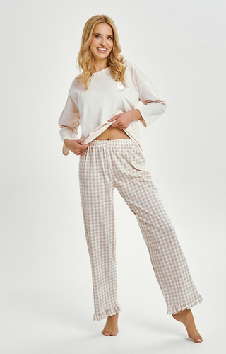 3438 Vera Taro női pamut pizsama bézs - hosszú ujjú, kockás, fodros nadrággal