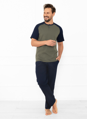 Alexander Italian Fashion férfi oliva színű pizsama - pamut, pólóing és nadrág