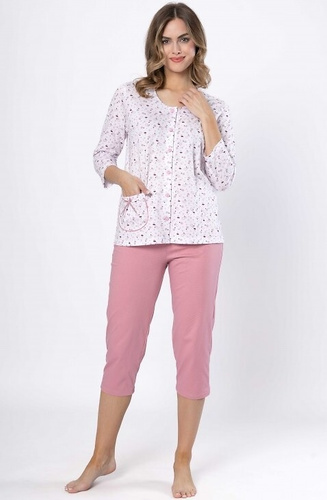 Női pizsama Dobrusia 1636 - rózsaszín pamut, 3/4-es ujjú, gombos, gombos