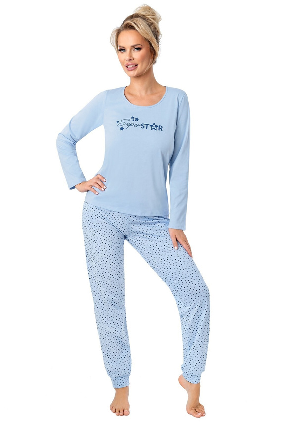 Női pizsama Donna Star Long kék - pamut, hosszú ujjú, műanyag zacskóba csomagolva
