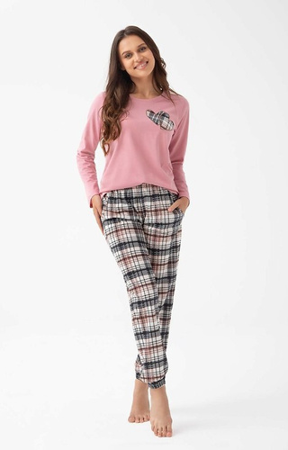 322 Luna pink - női pamut pizsama, szívecskék, hosszú ujjú, kockás nadrág