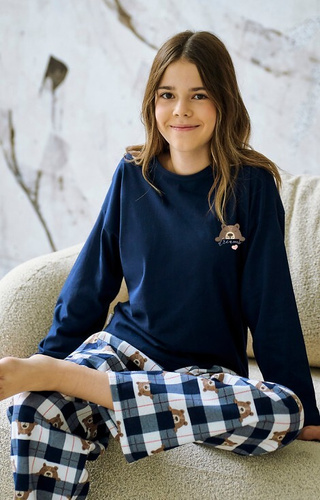 3503 Astrid Taro lány pizsama tengerészkék - pamut, print, kockás nadrág