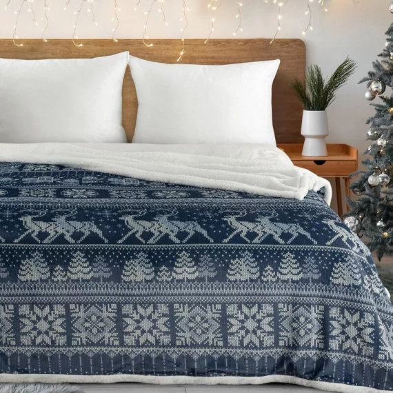 Eurofirany karácsonyi takaró fehér tengerészkék - puha mikroszálas ágytakaró, 240 g/m²