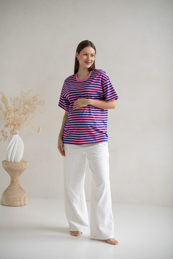 Mamahood Milk&Love rózsaszín és kék csíkos kismama és szoptatós póló - kényelmes és stílusos