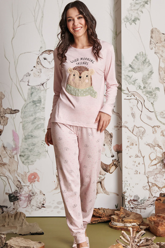 Antea Női Sorbetto rózsaszín pizsama - hosszú, rózsaszín, 3D applikációval, jersey, pamut