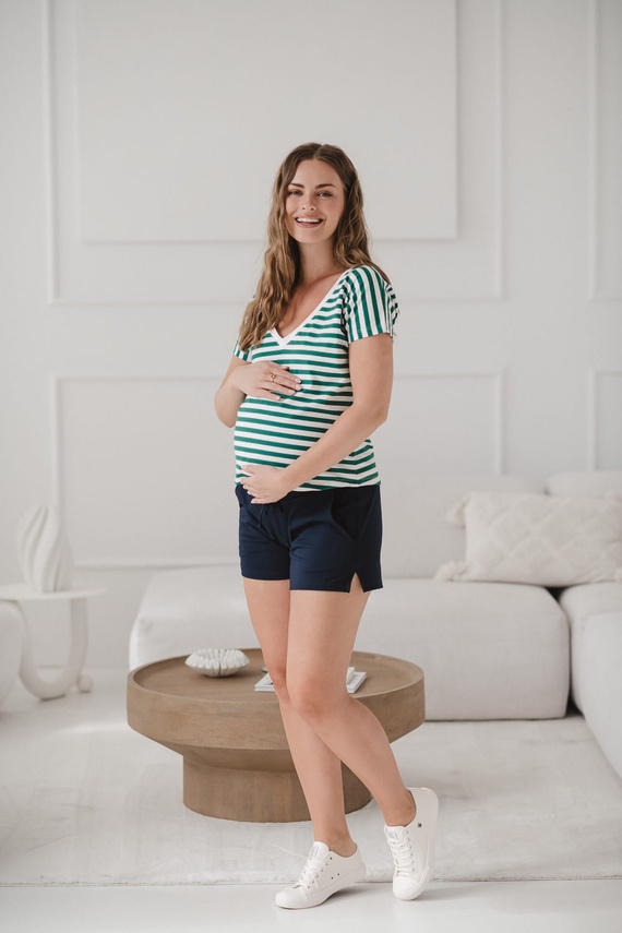 Two Ways Terhesség és szoptatás blúz | Rövid ujjú, kényelmes Milk&Love zöld és fehér csíkos, rövid ujjú
