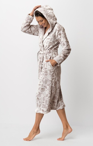 LGL 545 Key ecru-mocca női köntös - puha, kapucnival, derékban megkötve