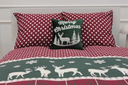 Xmass karácsonyi pamut ágynemű Spod Igły i Nitki - rénszarvas kockás piros borsó zöld, zipzáras szett, 100% pamut, 100% pamut