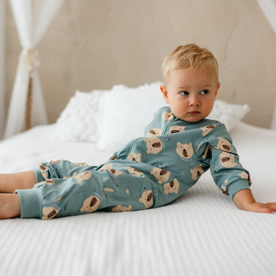 Beary Cool Eevi csecsemő pizsama - zsálya, pamut, láb nélküli, cipzárral zárható