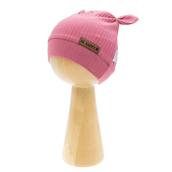 216054 Lala Nicol sapka - bordázott pamut elasztánnal, fülekkel és Be happy patch-el