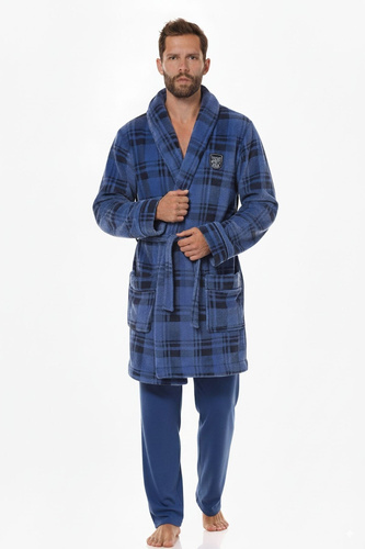 2456 BJ Férfi fürdőköpeny L&L navy- puha, kockás gallérral