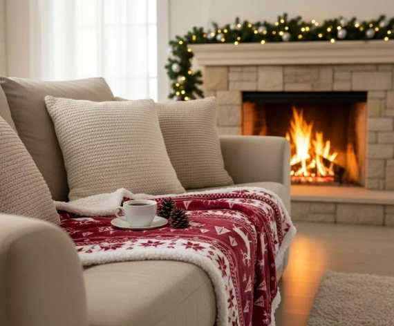 SACO karácsonyi takaró bordó - puha és meleg rénszarvasokkal és karácsonyfákkal díszes zsákban