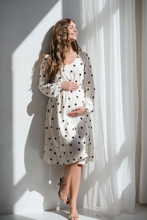 Lovely Dress Midi Milk&Love krém borsóvászon kismama és szoptatós ruha, elegáns szabás, szoptatós cipzárakkal