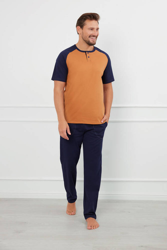 Alexander Férfi rövid ujjú pizsama, hosszú nadrág Italian Fashion - konyak/gránát