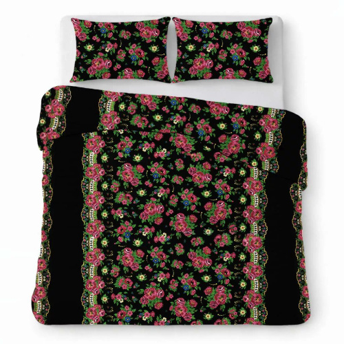 Pamut krepp ágyneműhuzat garnitúra légáteresztő könnyű kezelés black with colorful flowers