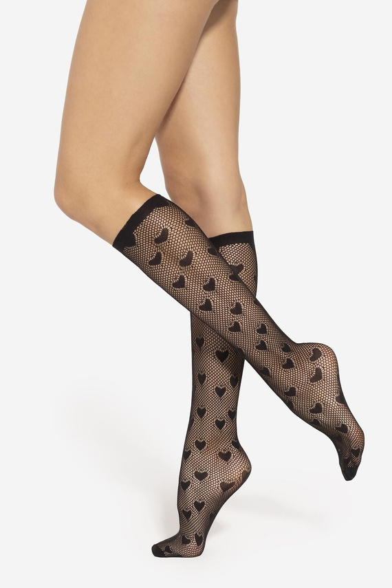 Yasmine térdig érő zokni wz.01 Gatta - fekete áttört szívek, nem préseléssel