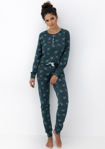 Ellison Sensis női pizsama zöld - hosszú ujjú pamut pizsama bordázott mandzsettával