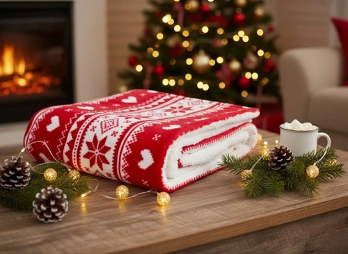 SACO karácsonyi takaró piros - puha és meleg, norvég hópehely mintával, díszes zacskóban