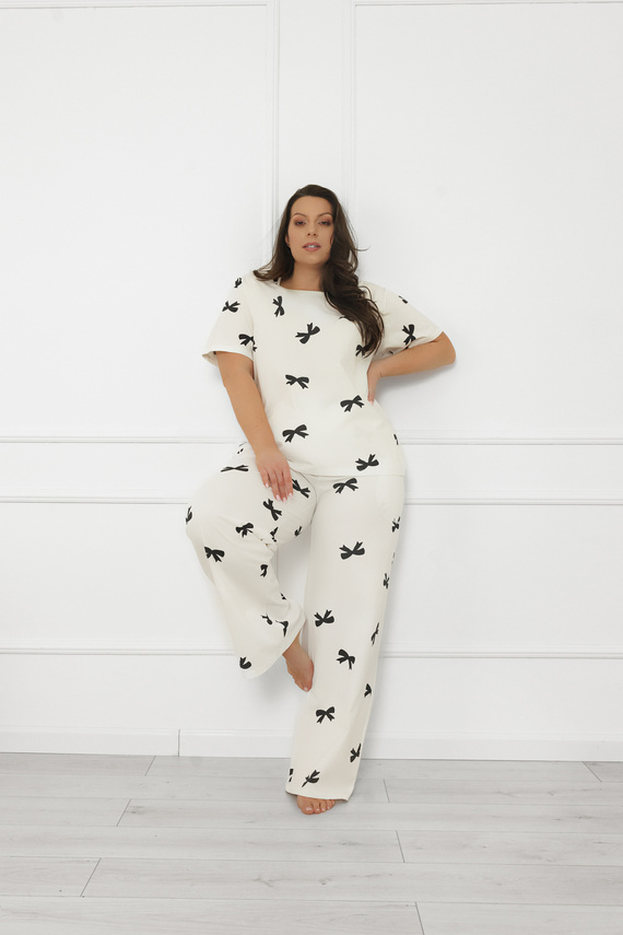 Női pizsama Figaro - ekrü, pamut, rövid ujjú + hosszú nadrág Olasz divat