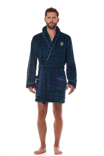 2456 BJ Férfi fürdőköpeny L&L tengerészkék - puha, kockás gallérral