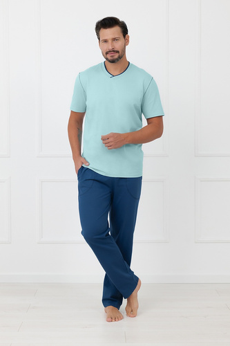Piżama męska Devon Italian Fashion bawełniana z długimi turkusowymi spodniami