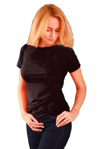 Lily Mirale női blúz viszkózból - rövid ujjú, dekoratív rózsa - fekete