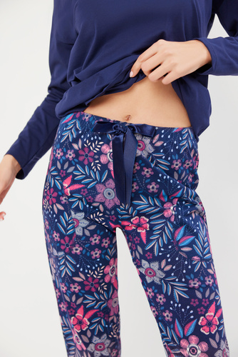 Folk Női pizsama hosszú ujjú, hosszú nadrágos olasz divat - tengerészkék/print