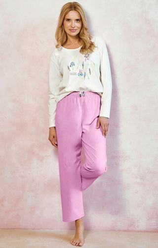 3459 Monica Női pizsama Taro krém - 100% pamut, hosszú ujjú, virágmintás, hosszú ujjú, virágmintás