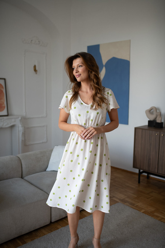 Lovely Dress Midi Milk&Love kismama és szoptatós ruha lenvászonból, pisztácia zöld pöttyös