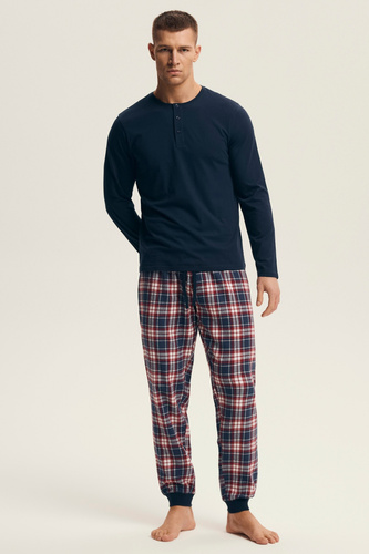 Henderson férfi pizsama 43457 Noir tengerészkék - pamut, flanel nadrággal
