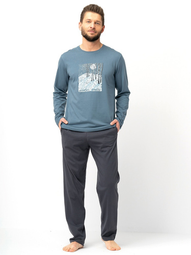Férfi pizsama Key MNS 627 szürke - pamut, hosszú ujjú, klasszikus szabású