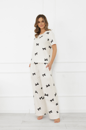 Női pizsama Figaro - ekrü, pamut, rövid ujjú + hosszú nadrág Olasz divat