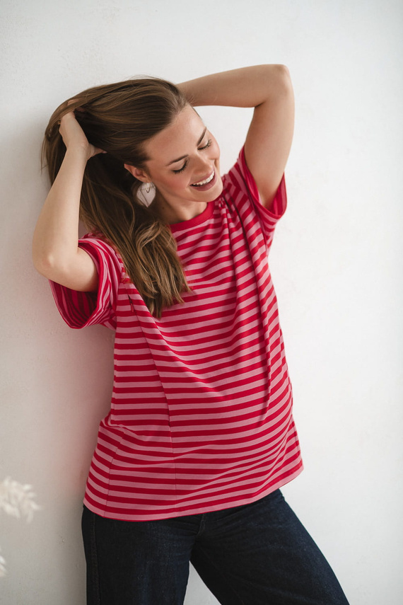 Mamahood Terhesség és szoptatás Milk&Love piros-rózsaszín csíkos póló - kényelmes és elegáns