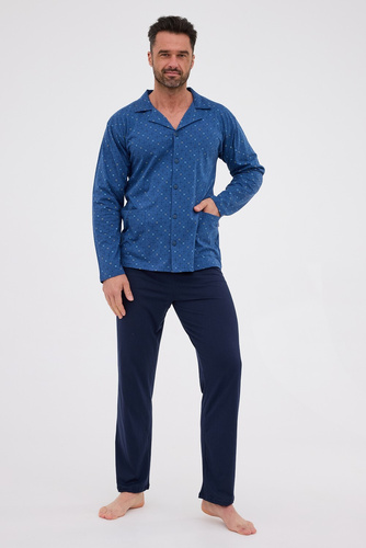 114/78 Cornette férfi pizsama | Nyitott elejű, 100% pamut, gallér és zsebek