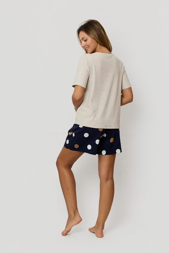 Női pizsama Mefemi by Nipplex Oceane bézs - bordázott viszkóz, póló és rövidnadrág borsóval