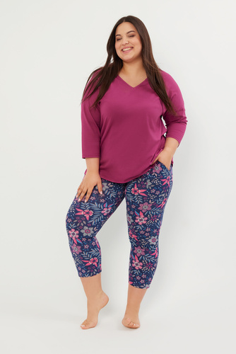 Folk Női pizsama 3/4 ujjú, 7/8 nadrágos olasz divat - szeder/print