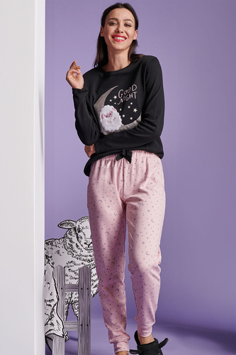 Shearly Női pizsama Sorbetto fekete - 100% pamut, 3D applikáció, húzózsinóros nadrág