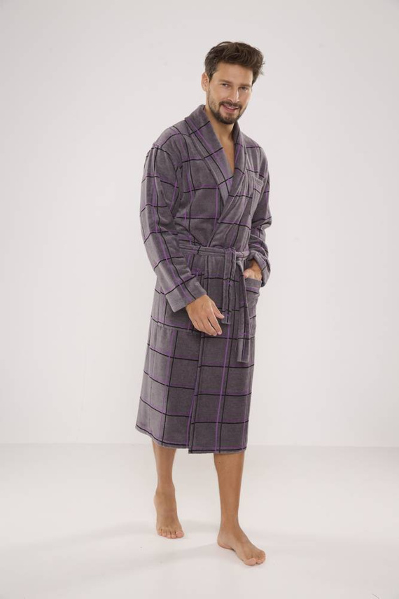 803 / 819 Twin Forex férfi frottír háziköntös - szürke, lila kockás (szürke kockás)