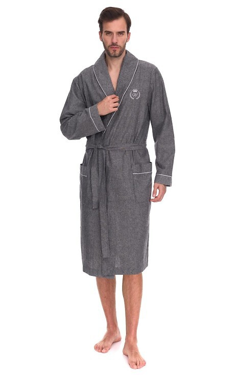 2532 Zeus Férfi fürdőköpeny L&L szürke - hosszú, pamut, melange, klasszikus, klasszikus