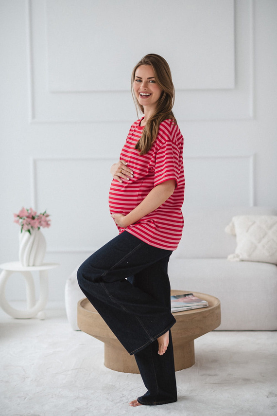 Mamahood Terhesség és szoptatás Milk&Love piros-rózsaszín csíkos póló - kényelmes és elegáns