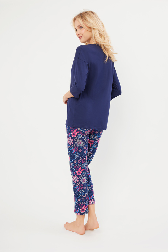 Folk Női pizsama 3/4 ujjú, 7/8 nadrág olasz divat - tengerészkék/print