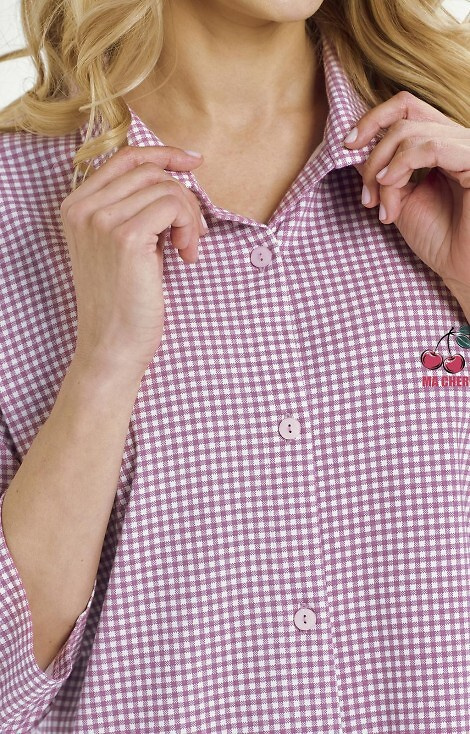 3436 Joliee Női Taro ing rózsaszín - pamut, kockás, 3/4 ujjú, gombok
