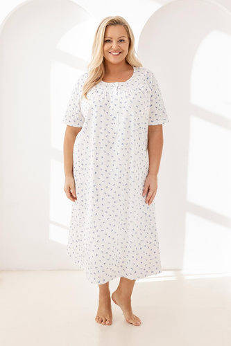 019 Regina Lila hálóing - hosszú, pamut, gombos nyakkivágással