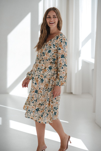 Lovely Dress Midi Milk&Love bézs virágos kismama és szoptatós ruha vászonból, elegáns szabás, szoptatós cipzárral