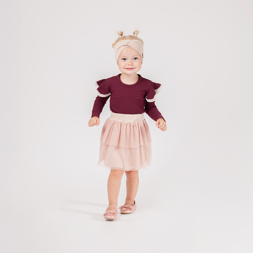 217138 Alisa Nicol pamut blúz - hosszú ujjú, bordó, fodros csipkével