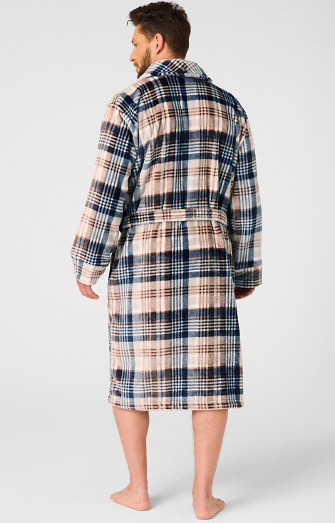 MGL 443 Férfi fürdőköpeny Key beige - kockás, puha, kendőgallérral