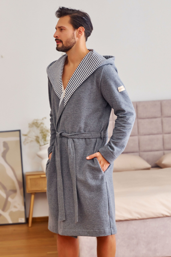 7230 Doctor Nap férfi fürdőköpeny - pamut, kapucnival, elegáns díszítéssel - sötétszürke