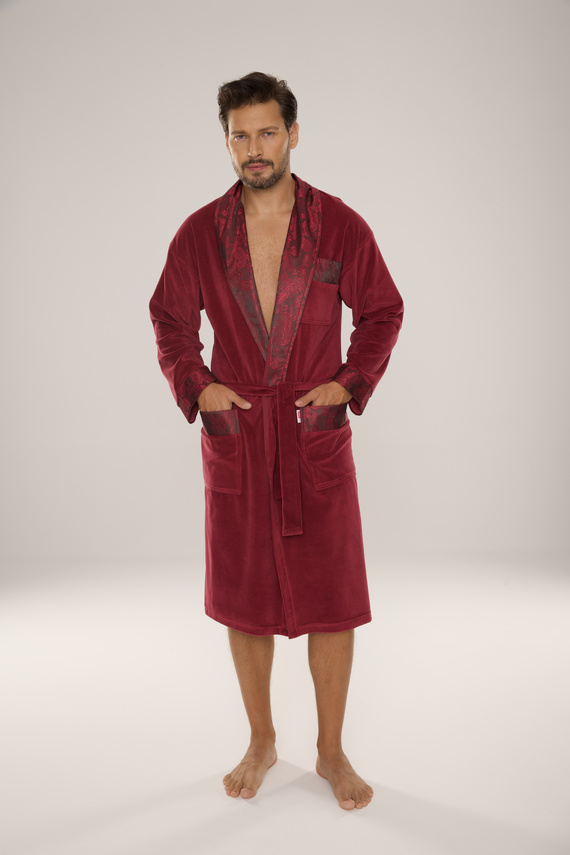 868 Noble férfi velúr fürdőköpeny De Lafense- elegáns, puha, prémium, bordó, bordó színű