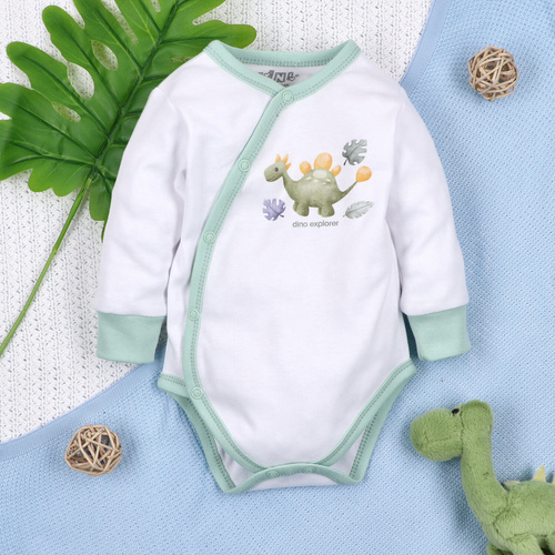 ABN-5562 Dino Explorer borítékos bodysuit Nini fehér | Organikus pamut újszülött babának