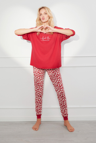 Evora Női pizsama hosszú ujjú, hosszú nadrág olasz divat - piros/print